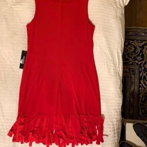 Red polyester/spandex dress with bottom fringe
